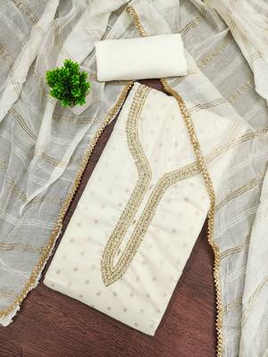 white weaved chanderi butti unstitched dress material  3
