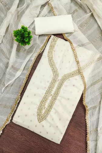 white weaved chanderi butti unstitched dress material 