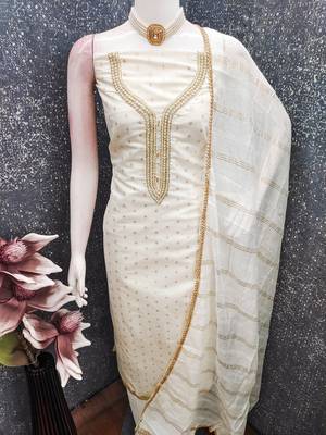 white weaved chanderi butti unstitched dress material  4