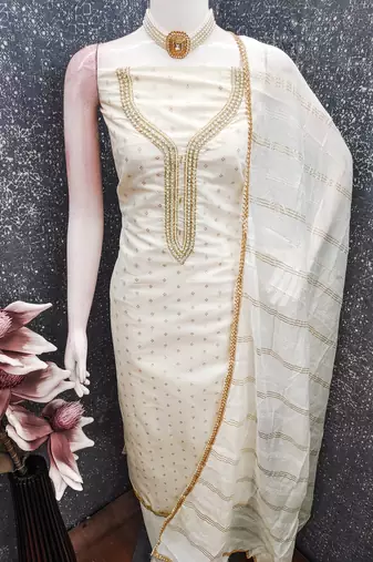 white weaved chanderi butti unstitched dress material 
