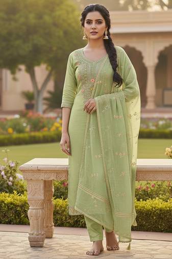 green weaved chanderi butti unstitched dress material 