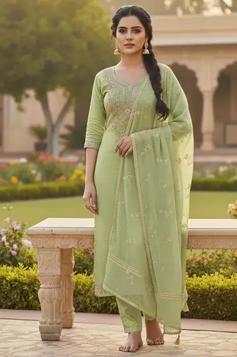 green weaved chanderi butti unstitched dress material 