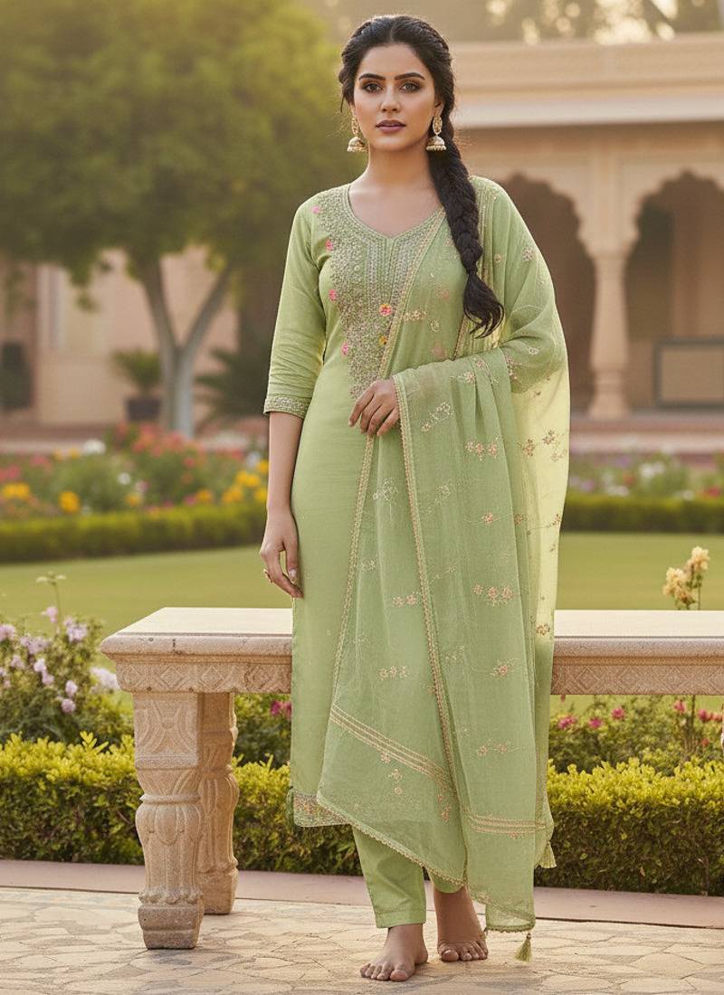 green weaved chanderi butti unstitched dress material 
