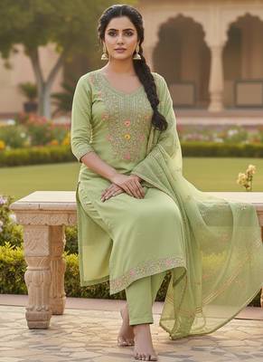 green weaved chanderi butti unstitched dress material  2