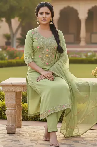 green weaved chanderi butti unstitched dress material 