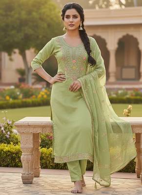green weaved chanderi butti unstitched dress material  3