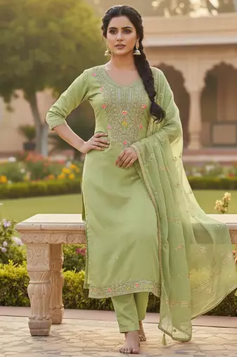 green weaved chanderi butti unstitched dress material 