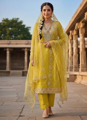 yellow weaved chanderi butti unstitched dress material  1