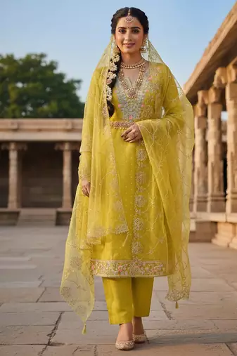 yellow weaved chanderi butti unstitched dress material 