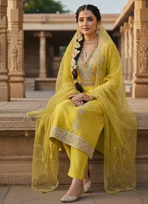 yellow weaved chanderi butti unstitched dress material  2
