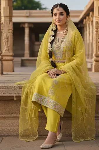 yellow weaved chanderi butti unstitched dress material 