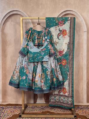 TEAL GREEN SEQUINS ZARI EMROIDERY WORK ORGANZA LEHENGA CHOLI SET FOR WOMEN'S 6