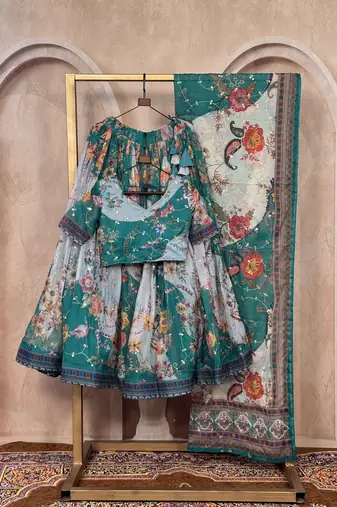 TEAL GREEN SEQUINS ZARI EMROIDERY WORK ORGANZA LEHENGA CHOLI SET FOR WOMEN'S