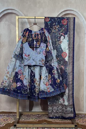NAVY BLUE SEQUINS ZARI EMROIDERY WORK ORGANZA LEHENGA CHOLI SET FOR WOMEN'S