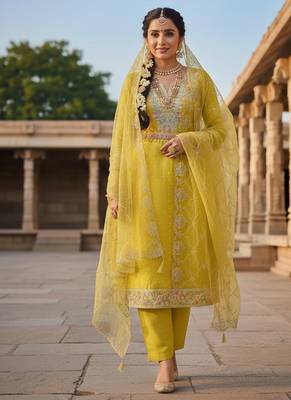 yellow weaved chanderi butti unstitched dress material  3
