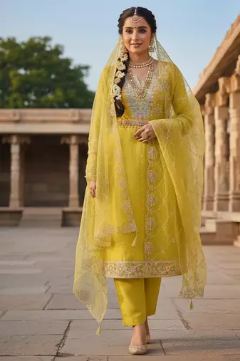 yellow weaved chanderi butti unstitched dress material 