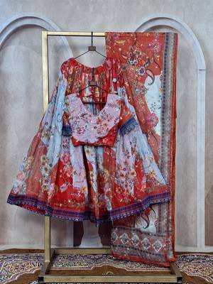 RED SEQUINS ZARI EMROIDERY WORK ORGANZA LEHENGA CHOLI SET FOR WOMEN'S 6