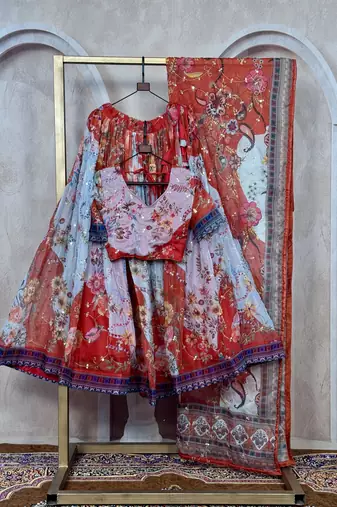 RED SEQUINS ZARI EMROIDERY WORK ORGANZA LEHENGA CHOLI SET FOR WOMEN'S