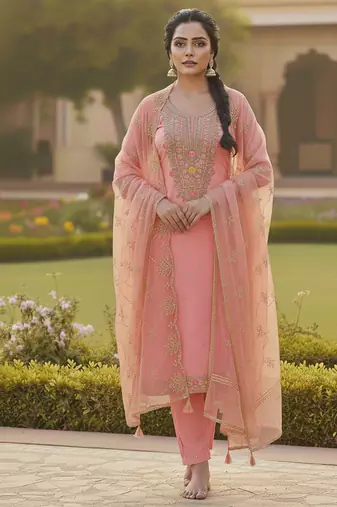 pink weaved chanderi butti unstitched dress material 