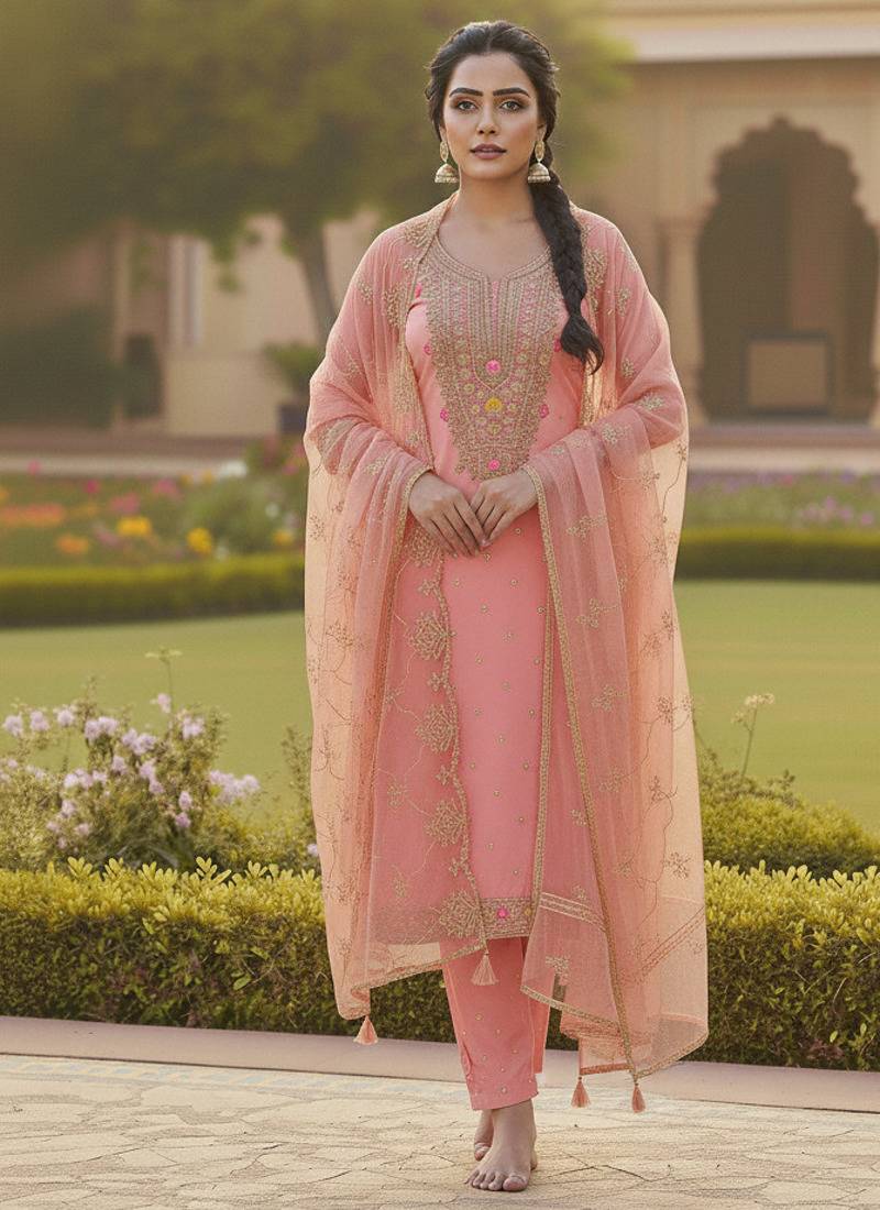 pink weaved chanderi butti unstitched dress material 