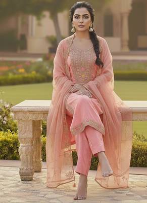 pink weaved chanderi butti unstitched dress material  2