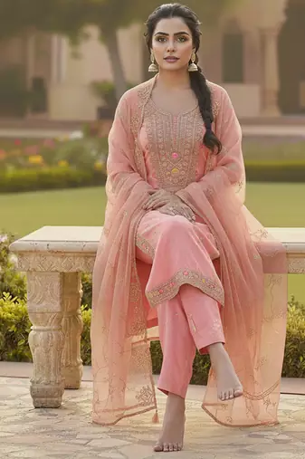 pink weaved chanderi butti unstitched dress material 