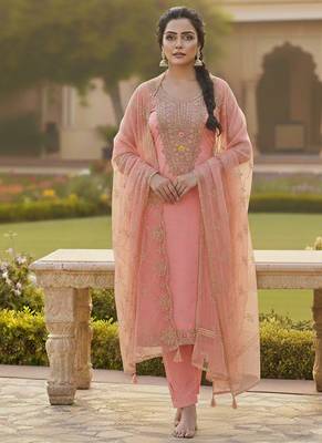 pink weaved chanderi butti unstitched dress material  3