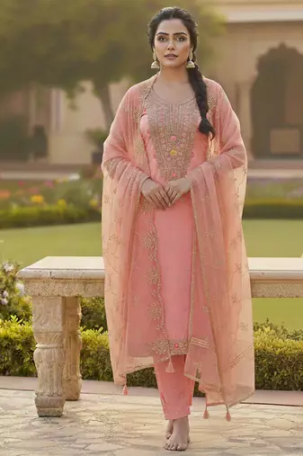 pink weaved chanderi butti unstitched dress material 