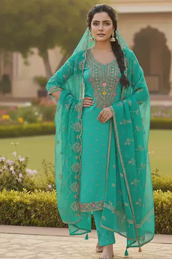 sea green weaved chanderi butti unstitched dress material 