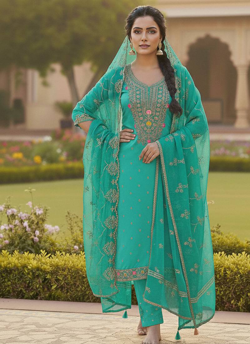sea green weaved chanderi butti unstitched dress material 