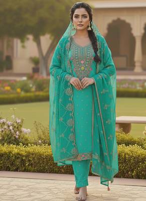 sea green weaved chanderi butti unstitched dress material  3