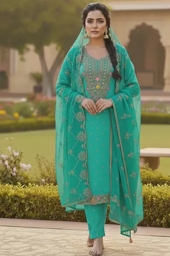 sea green weaved chanderi butti unstitched dress material 
