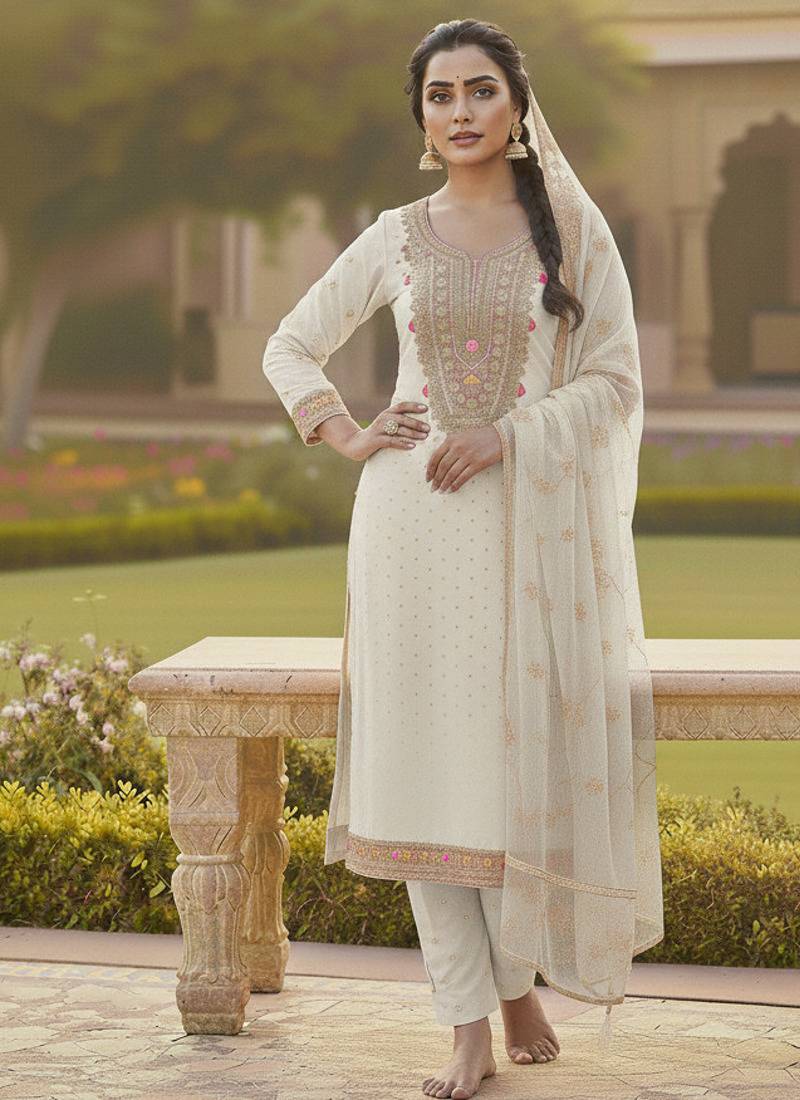 white weaved chanderi butti unstitched dress material 