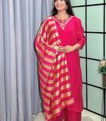 hot rani pink color handwork neckline mull chanderi kurti palazzo set