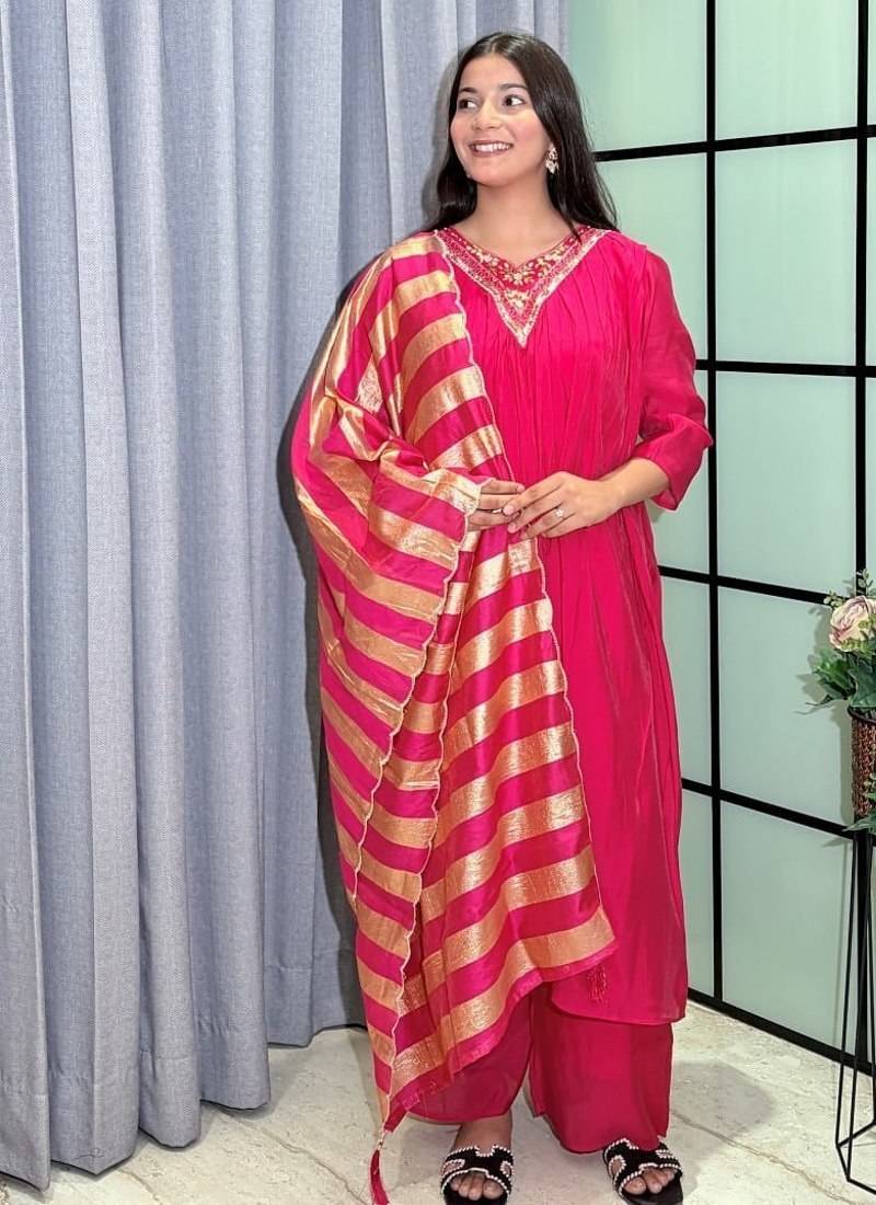 hot rani pink color handwork neckline mull chanderi kurti palazzo set