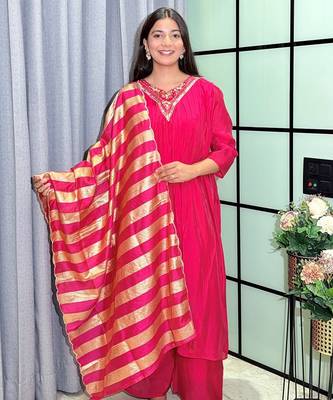 hot rani pink color handwork neckline mull chanderi kurti palazzo set 2