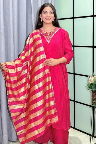 hot rani pink color handwork neckline mull chanderi kurti palazzo set