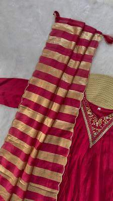 hot rani pink color handwork neckline mull chanderi kurti palazzo set 4