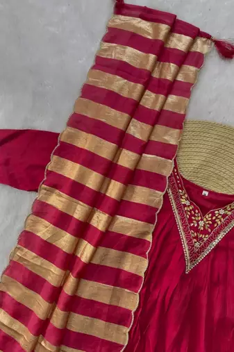 hot rani pink color handwork neckline mull chanderi kurti palazzo set