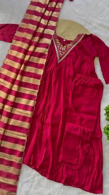 hot rani pink color handwork neckline mull chanderi kurti palazzo set 5