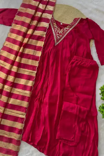 hot rani pink color handwork neckline mull chanderi kurti palazzo set