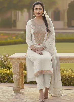 white weaved chanderi butti unstitched dress material  2