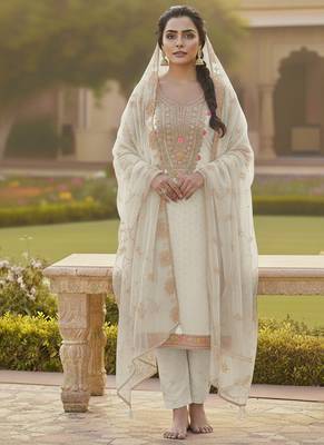 white weaved chanderi butti unstitched dress material  3
