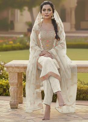 white weaved chanderi butti unstitched dress material  4