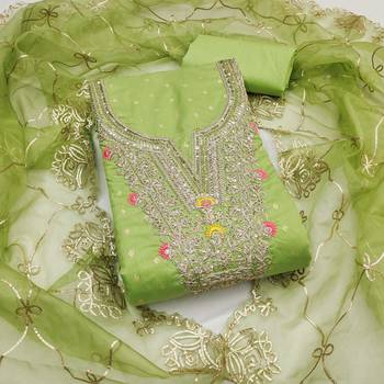 green weaved chanderi butti unstitched dress material  1