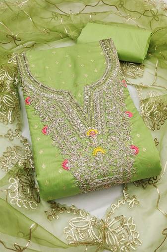 green weaved chanderi butti unstitched dress material 