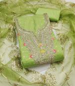 green weaved chanderi butti unstitched dress material 