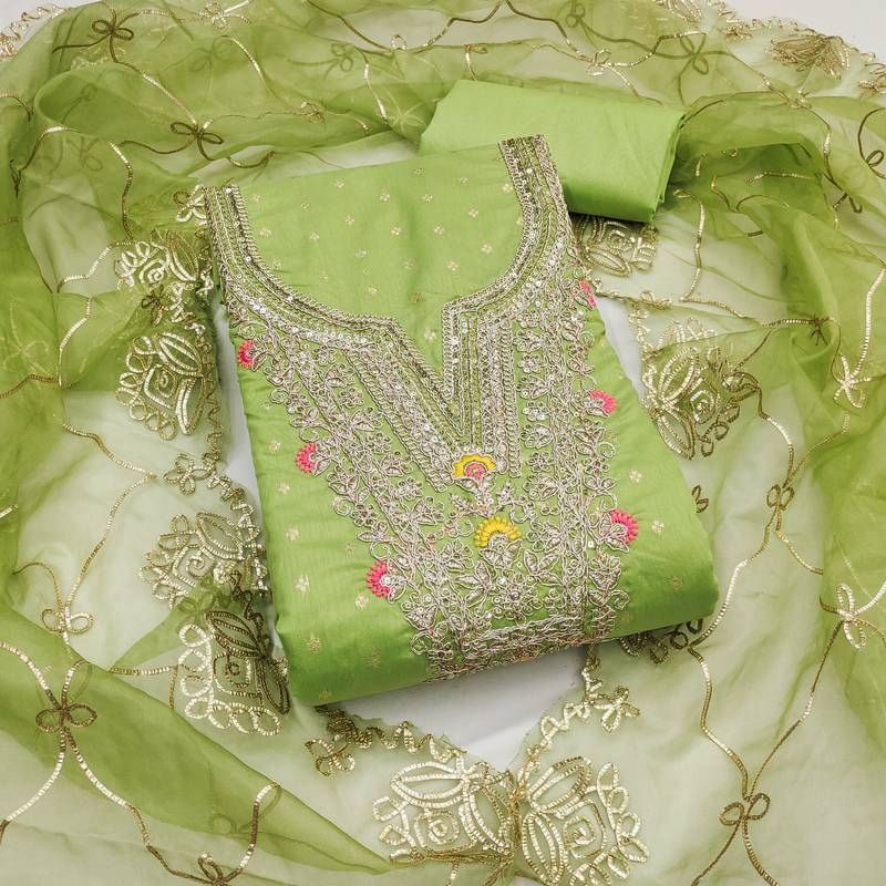 green weaved chanderi butti unstitched dress material 