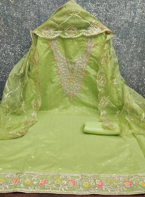 green weaved chanderi butti unstitched dress material  2