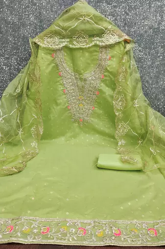 green weaved chanderi butti unstitched dress material 